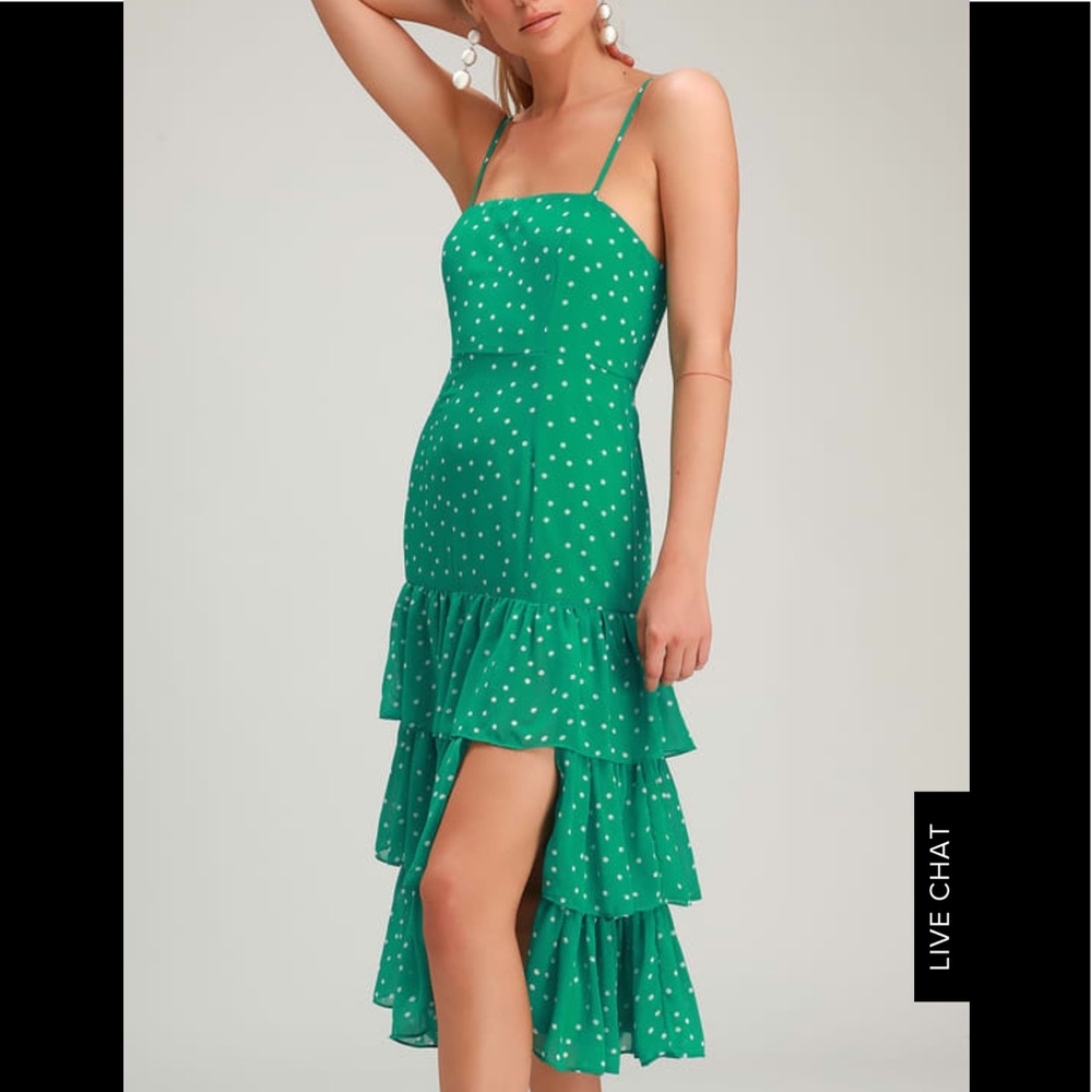 Lulus green polka dot ruffled midi dress